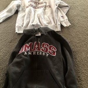 University of Mass. one zip up dark grey with hood and one sweatshirt size small